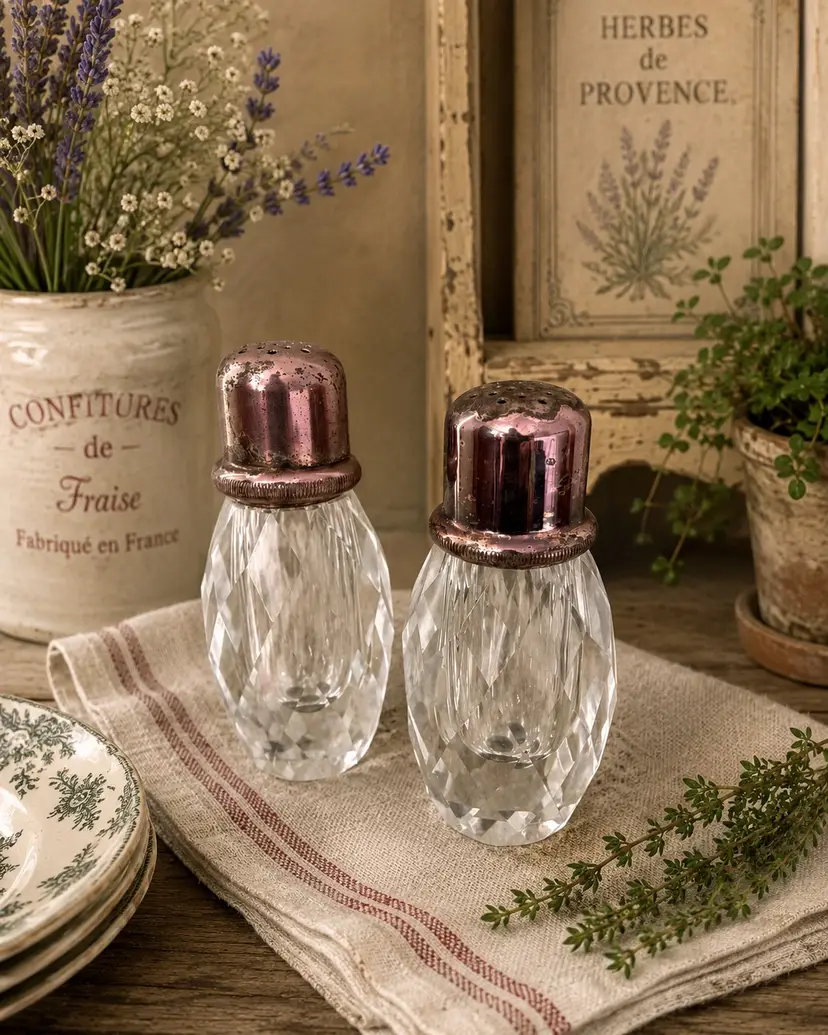 Post House Hand Cut Lead Crystal Salt Pepper Shakers Set 1970s