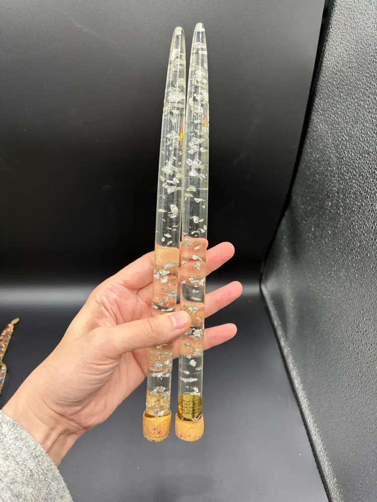 Pair Of Clear Lucite Candles With Silver Flecks 11.5”