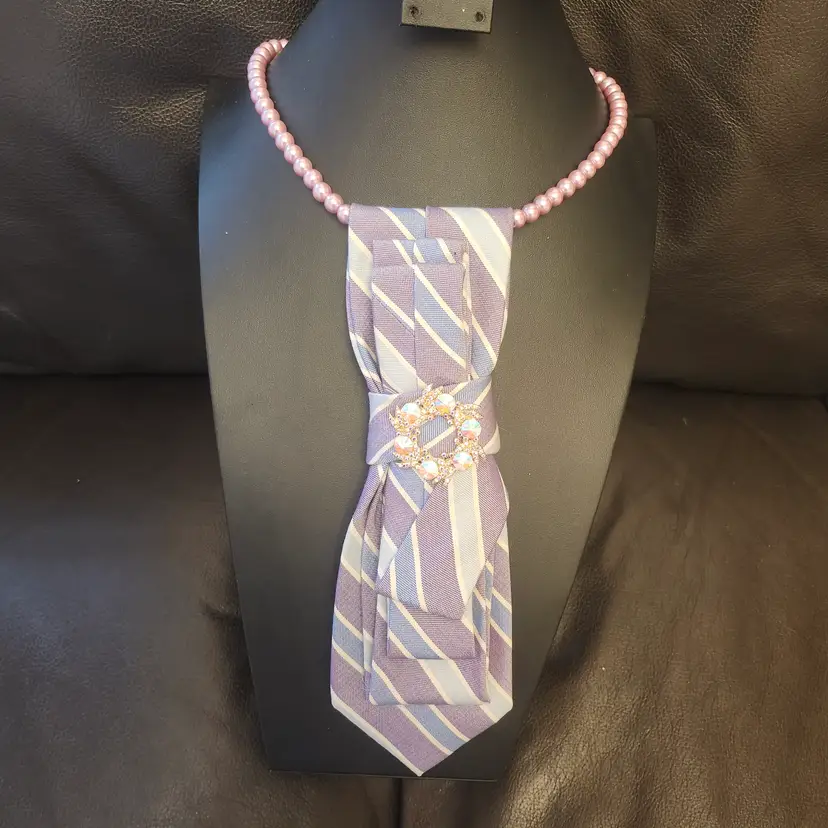 Upcycled Vintage Tie Necklace with Pink Pearls and Brooch