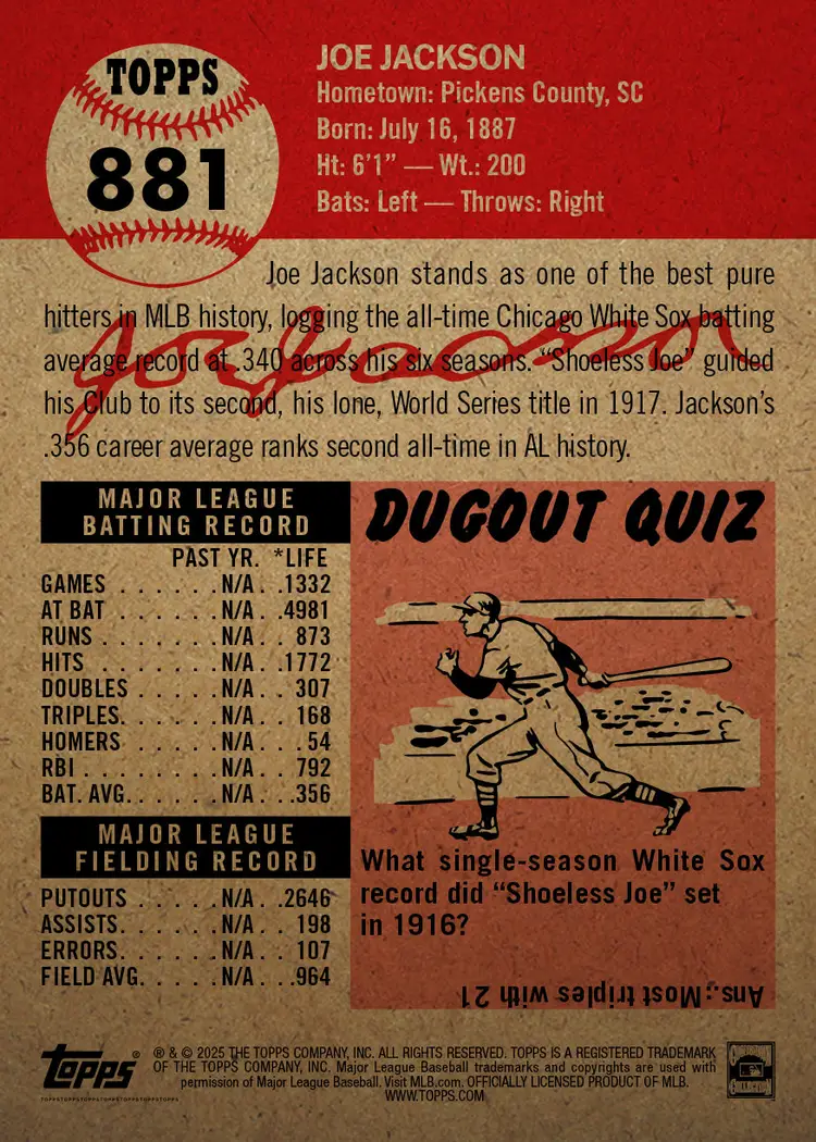 Joe Jackson - 2025 MLB Living Set® - Card 881 - PR: 3490