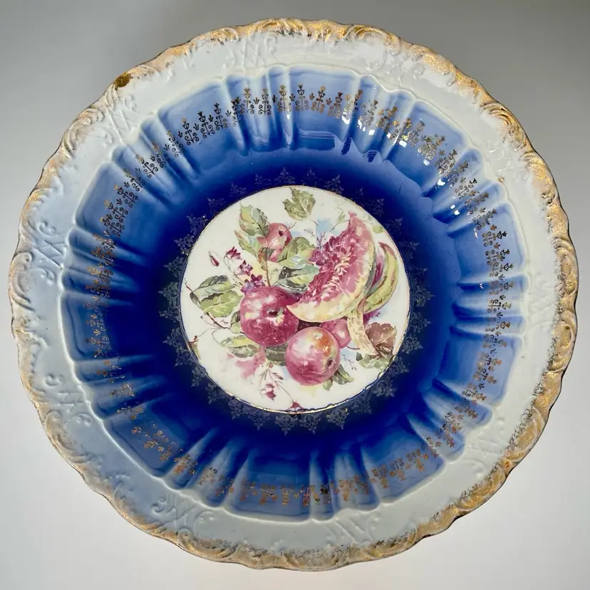 Antique Unmarked Flow Blue Porcelain Serving Bowl Cobalt Fruit Transferware & Gold Gilt 10.5"