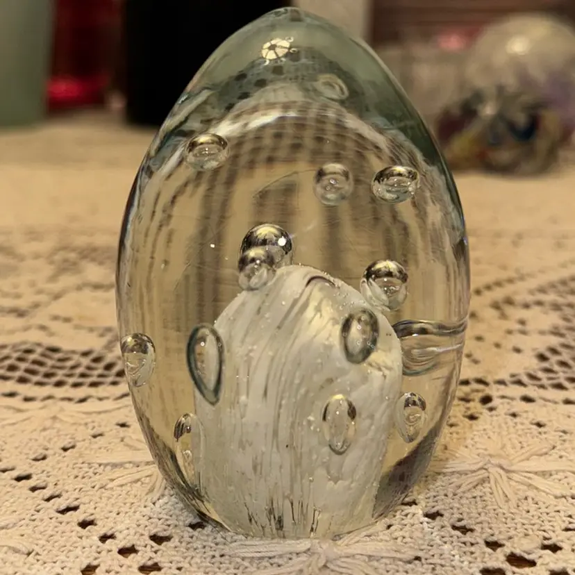 Blown Art Glass Clear With White Puff And Controlled Bubbles Egg Shaped
