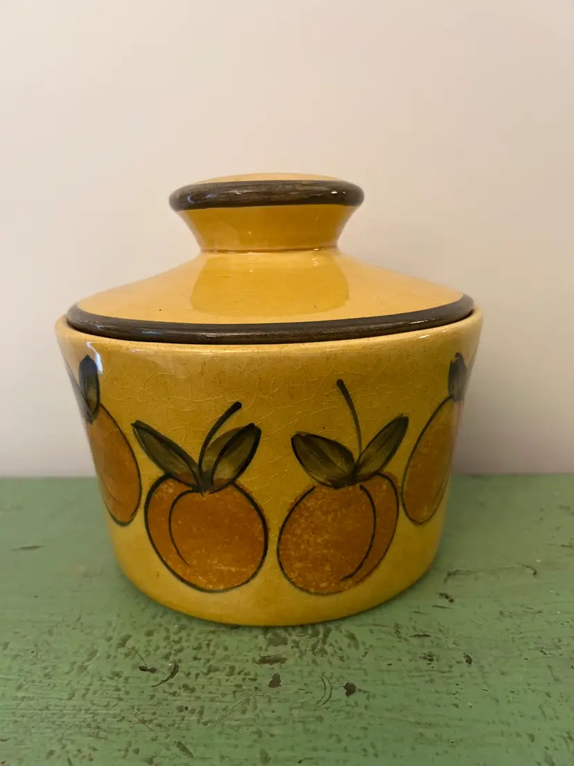 Vintage Ceramic Covered Canister Dish. California Calif USA Pottery. Los Angeles Potteries Company. Hand Painted Fruit Design