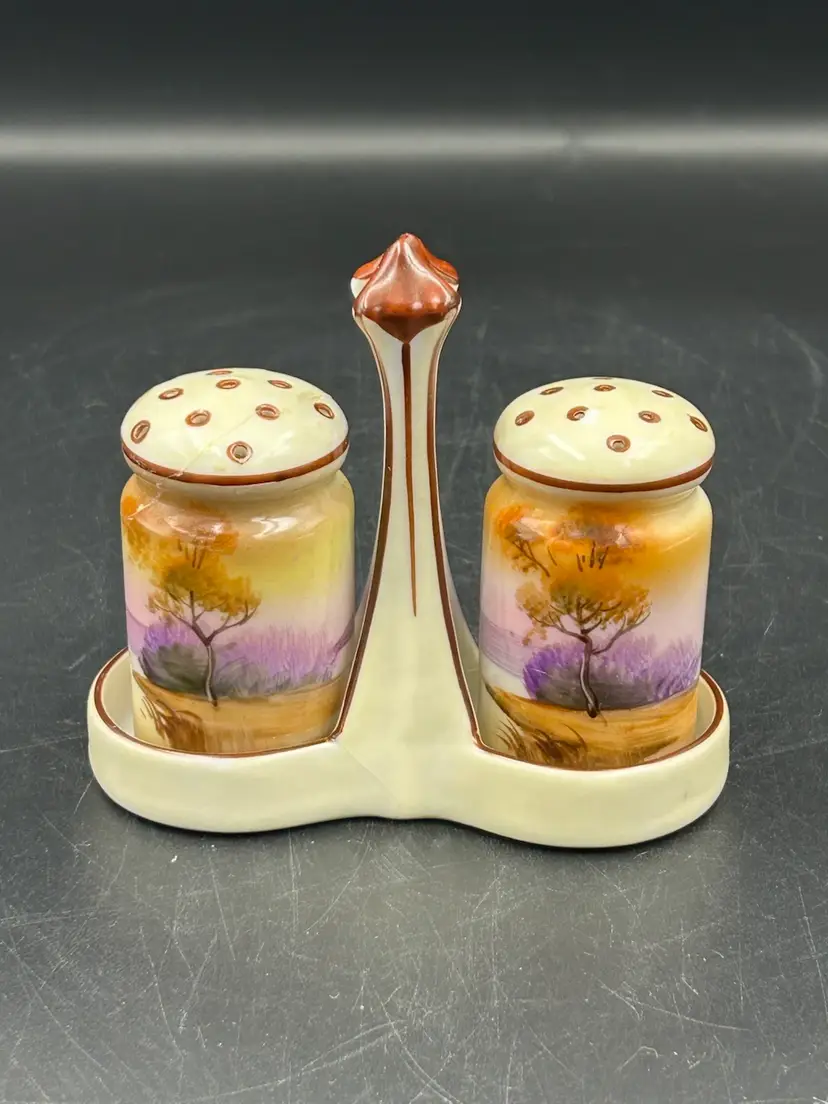 Vintage Hand, Painted Tree, Sunset, Salt, And Pepper Shakers With Caddy Japan