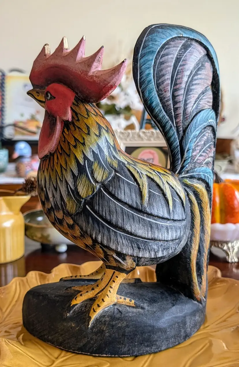 Rustic Folk Art Style Wooden Rooster Sculpture Figurine Hand Painted Large Figurine Farmhouse Decor