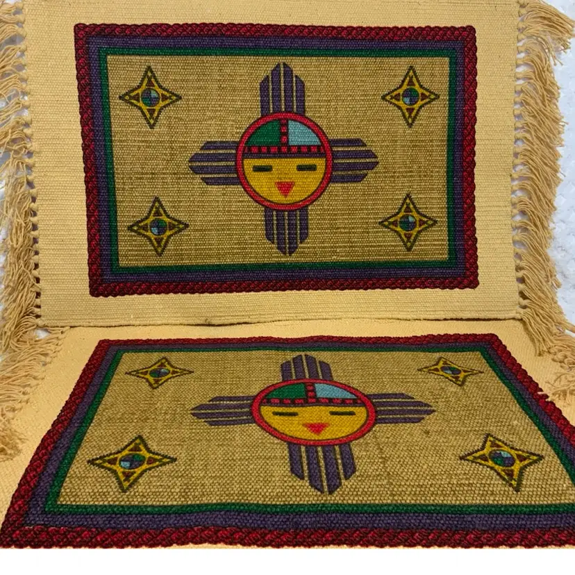 Vintage El Paso Saddle Co 100% Cotton Four Direction Sun  “Zia” Southwest Native American Symbol Placemat Tan Fringe Replacement 