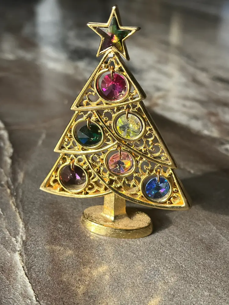 Standing Gold Metal Christmas Tree with Colored Plastic Crystals 3 inch