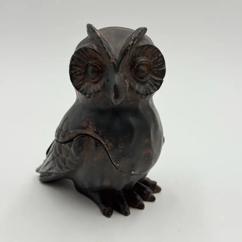 Resin Owl Trinket Stash Box Faux Wood Small Black Forest Style 2 Pc Figurine