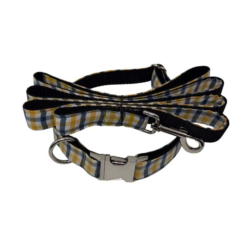 Dog Collar & Leash Plaid Yellow & Blue Large Handmade Heavy Duty Metal Buckle New