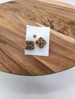 Vintage Gold Tone Smoky Topaz Rhinestone Cluster Screw Back Earrings READ