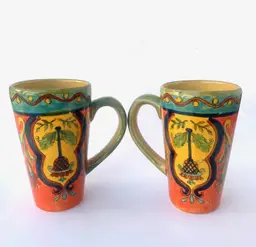 Talavera Mexican Style Set of 2 Coffee Mugs Ceramic Hand Painted Glazed 6"