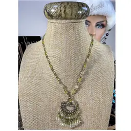 Boho Yellow Green Clear Bead Necklace 16” & Green Faux Snakeskin Bracelet 8”