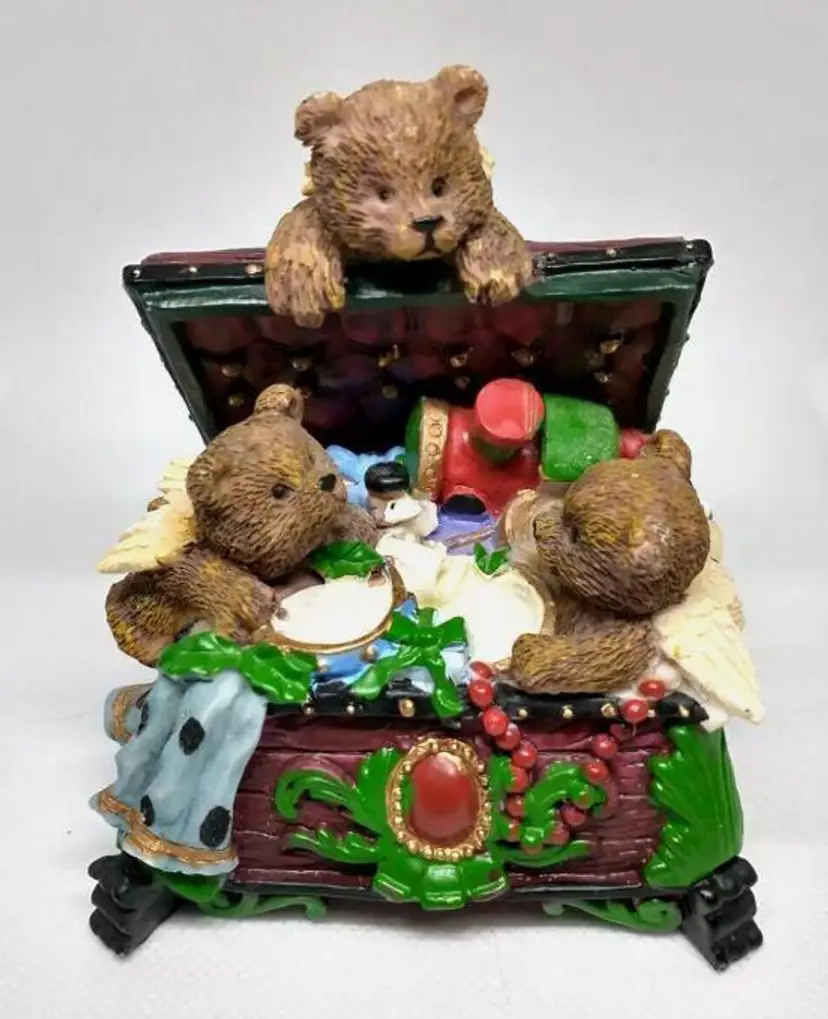 Vintage Three Angel Bears in Treasure Chest Christmas Candlestick Holder