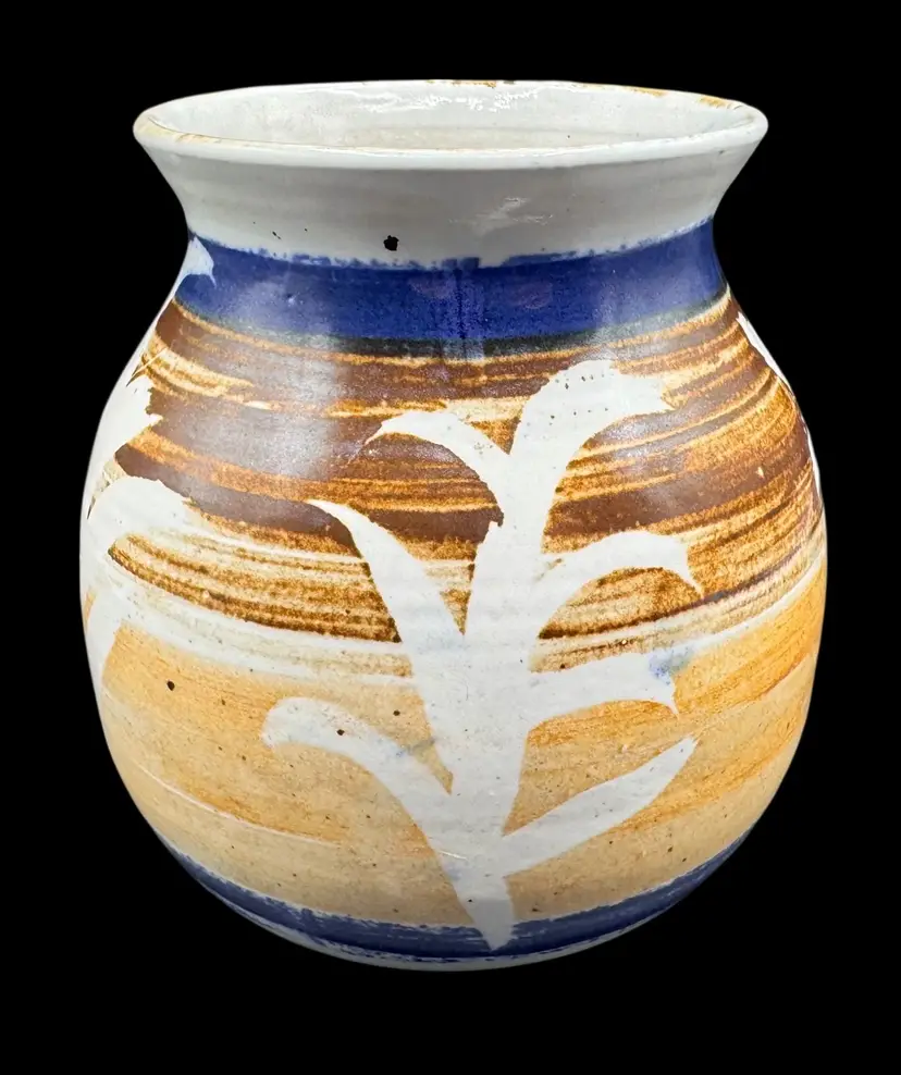 Signed Vintage Studio Art Pottery Vase Pot White Beige Brown Blue Floral 6β