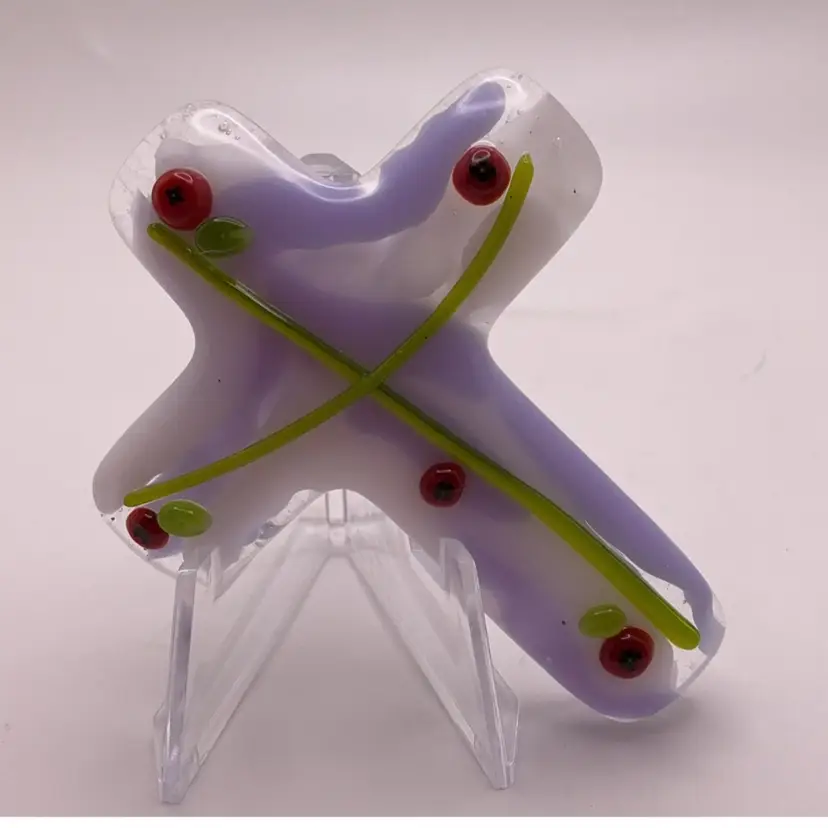 Made by Me! Fused Glass Cross Paperweight Purple & White 3” x 2.25” Handcrafted Studio Art