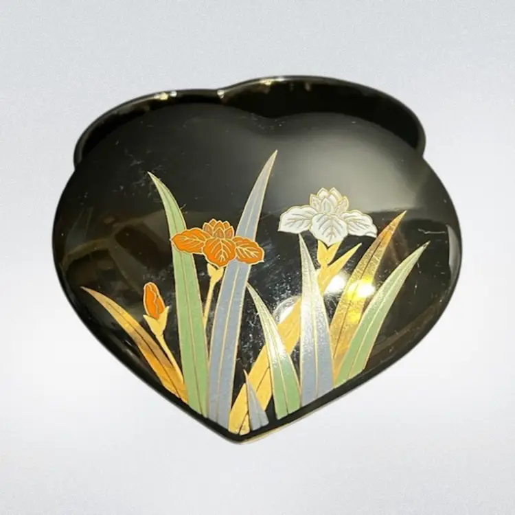 Vintage Otagiri Heart Shaped Floral Black Trinket Box, Japan ~1.5” x 3.75” x 4”