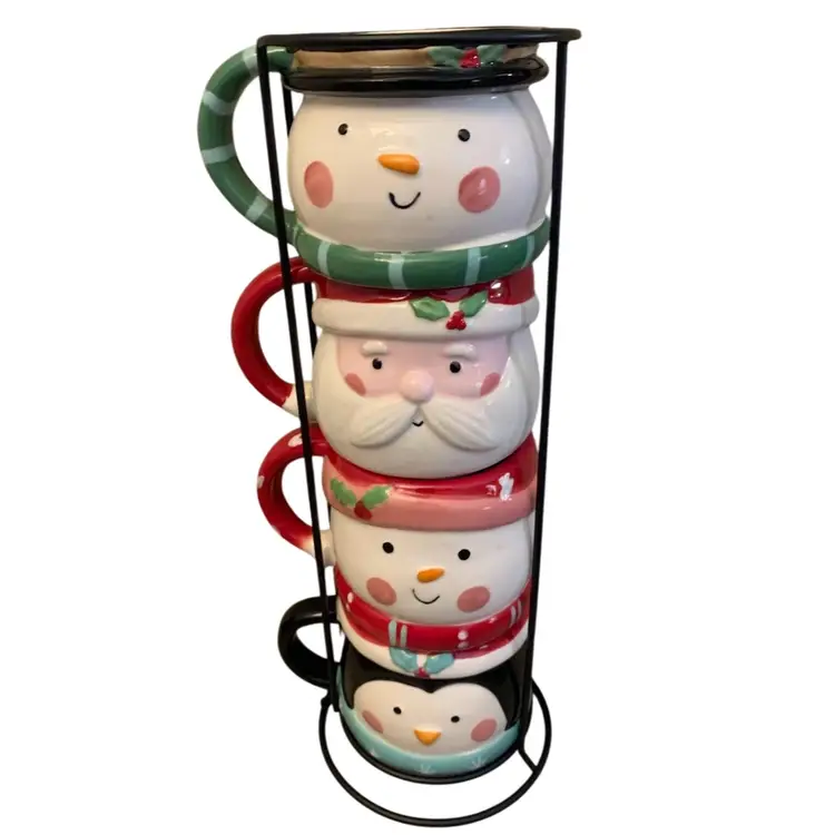 Christmas Mug Set W/holder 13 X 4 1/8 Mugs  5 X 3 3/4 X 3 1/4 Inches