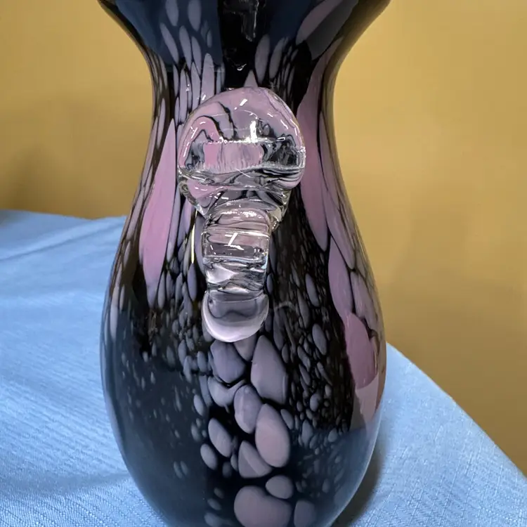 Herb A Thomas Hand Blown Art Glass 7.5" Vase Dark Amethyst Clear Handles HAT