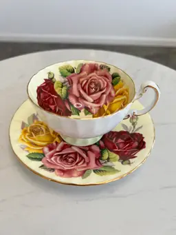 Aynsley England Bone China Teacup Saucer Set Pink Yellow Cabbage Rose Gold Gilt