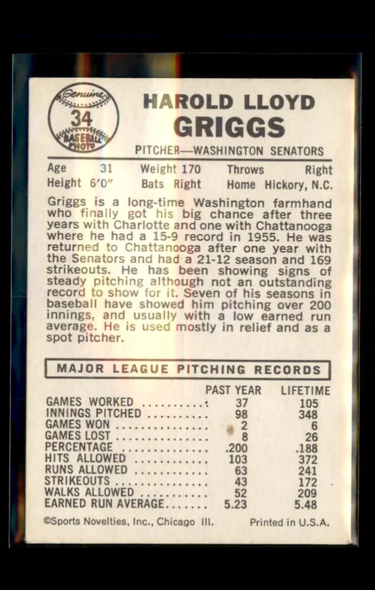 1960 Leaf #34 Hal Griggs - (pk1) - Washington Senators
