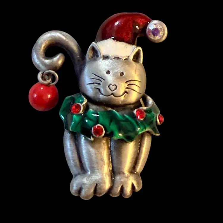 Brushed Silvertone Holiday Cat  Brooch 2.75”