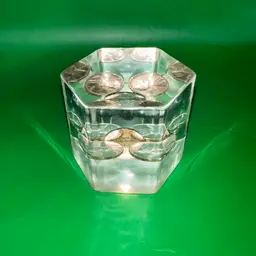 Vintage 1940/50s Lucite Encased Floating Wheat Pennies Hexagon Paper Weight