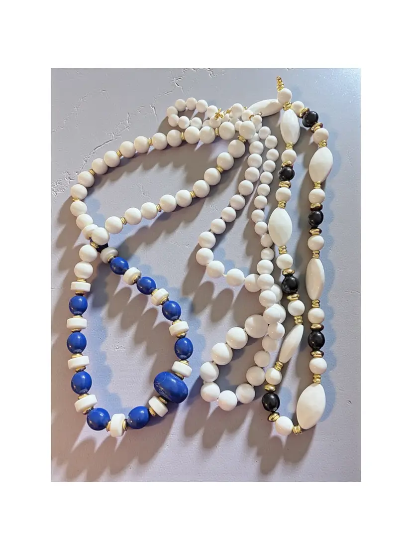 Lot Of 3 Blue Black White Bead Necklaces