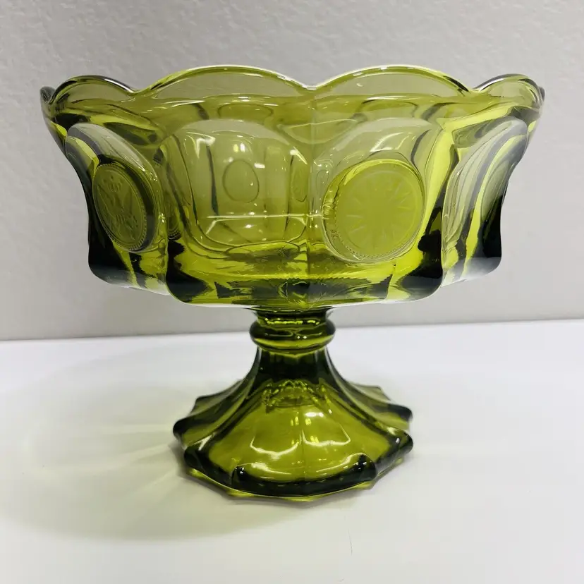 Fostoria Glass Compote Coin Pedestal Fruit Bowl Olive Green Large Round Vintage