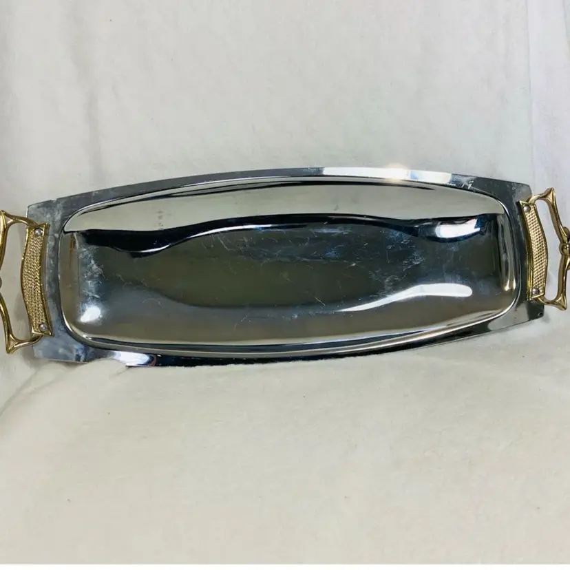 Vintage 17” Kromex Serving Tray Stainless Steel With Ornate Brass Handles Made in USA