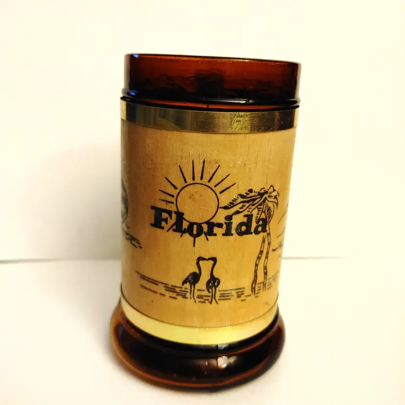 Vintage Florida Amber Glass & Wood Mug. 5.5 inches high. No chips or cracks.