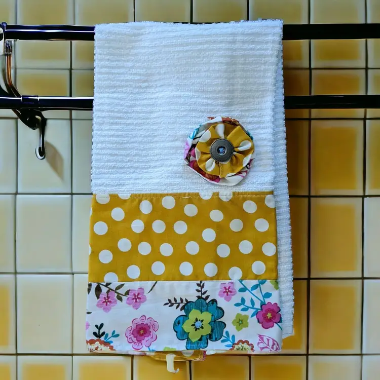 Handmade Hand Guest Towel Flower and Yellow Polka Dot Fabric Trim Button Flower