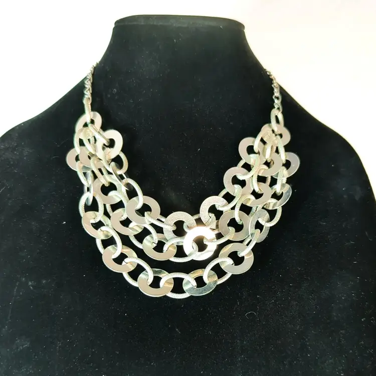 Vintage Silver Tone Multi-Strand Chain Link Statement Necklace Adjustable Clasp