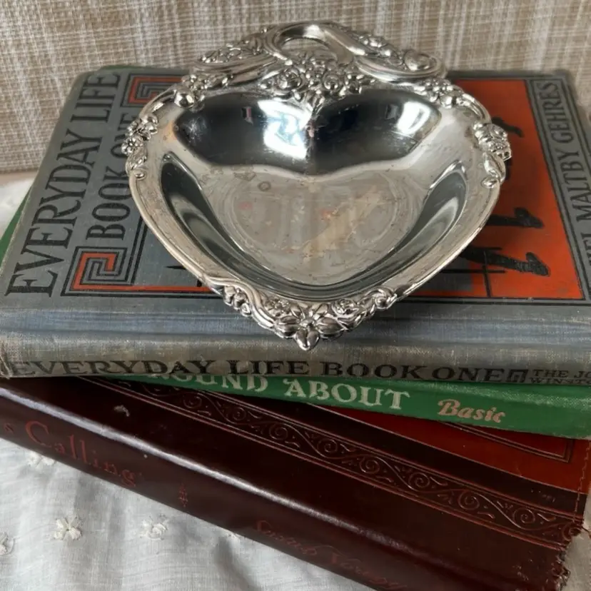 Leonard, Silver Plate Victorian Heart Shape, Floral Trinket Dish, Candy Dish 6" X 4.75" X 1"