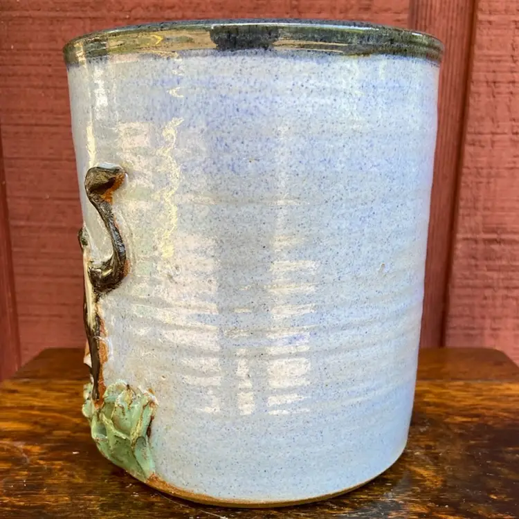 Studio Pottery - Dairy Cow Motif, Kitchen Utensil Holder. Signed Thorson 1995 Colfax, WIS. 6.5”h X 5.5”w.