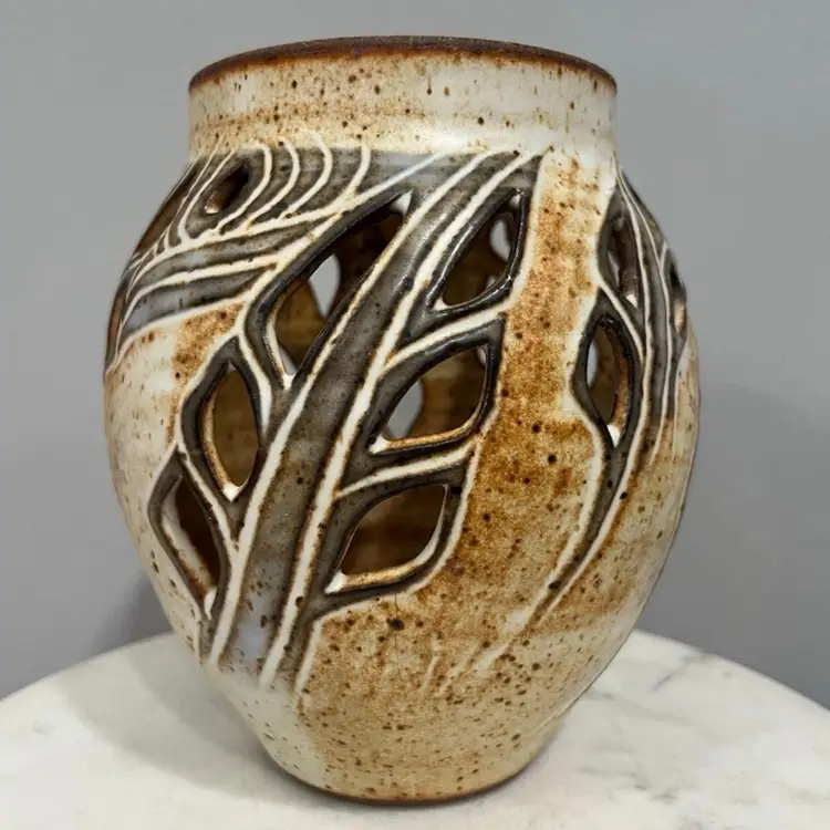 Vtg Featherbed Mountain Kentucky Art Pottery Stoneware Cutout Signed Boho Vase