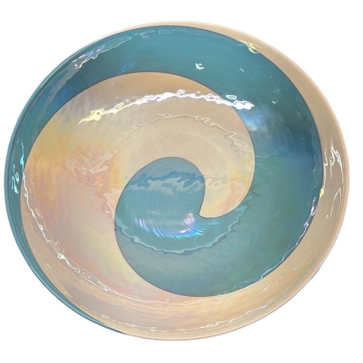 Rare VTG Italian Murano Art Glass Centerpiece Swirl Ivory Scuba Blue Iridescent