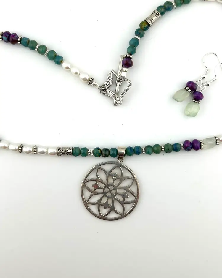 Semi-precious Stone Glass And Pearl Silver Beaded Necklace With Mandala Pendant And Earring Set Made By Me
