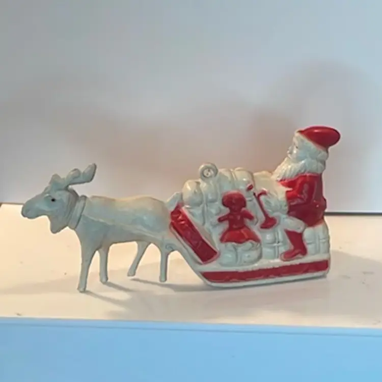 Vintage Plastic Santa, Sleigh And Reindeer