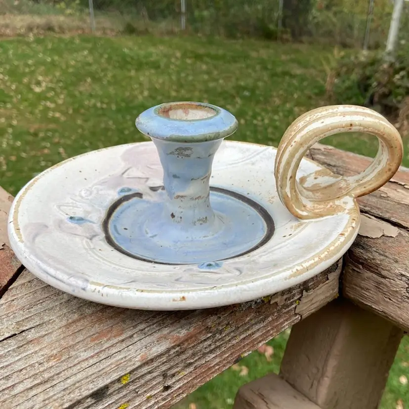 Large Studio Pottery Candlestick Holder. Artist’s Signature Is Illegible. 8.5”w Including Handle x 3”h.