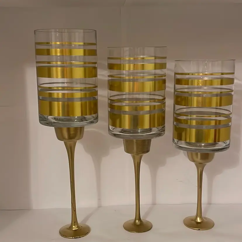 #573 Set Of 3 MCM Glass And Metal Gold Candle Holders