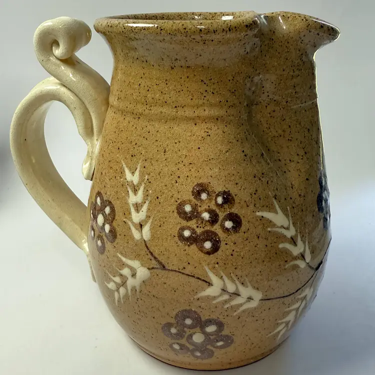 Handmade Art Pottery Pinched Spout Pitcher Jug Colonial Brown Vine Williamsburg Signed