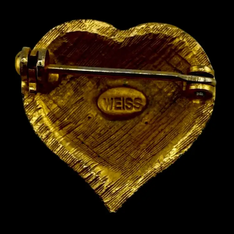 Weiss Heart And Stars Gold Tone Brooch Pin Iridescent Rhinestones Signed 15/16" Almost 1"