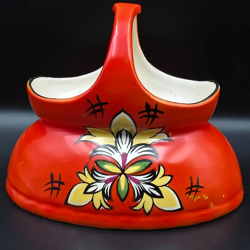Antique Czechoslovakian Ceramic Basket Orange with Yellow and White Floral Design