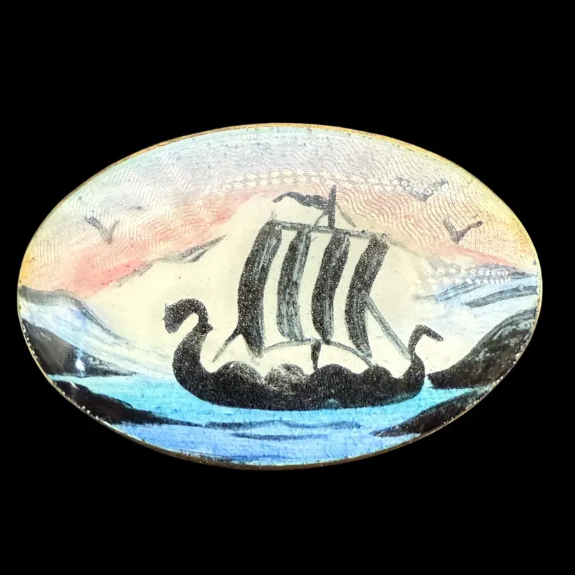 OPRO Norway Hand Painted Guilloche Enamel Viking Ship 925 Sterling Brooch Pin 1.25”