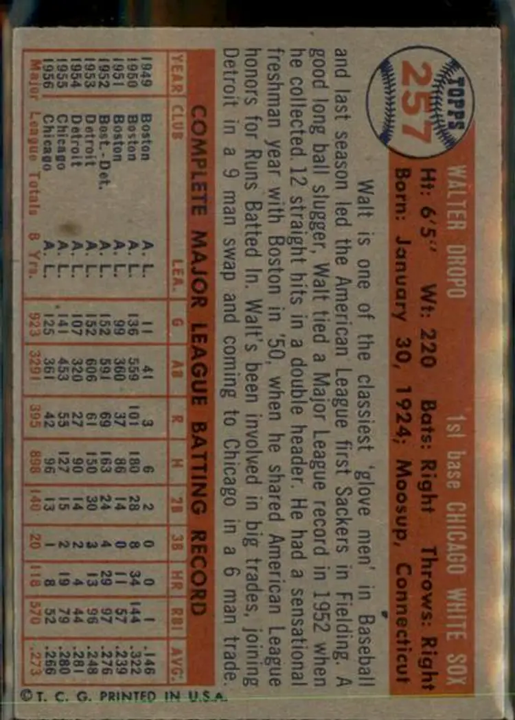 1957 Topps #257 Walt Dropo - ( pk1 ) - Chicago White Sox