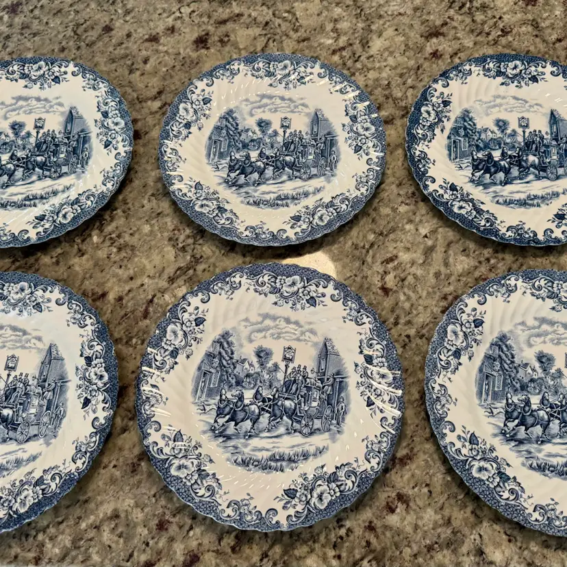 🎀 10” Blue & White Ironstone Plates- Set of 6