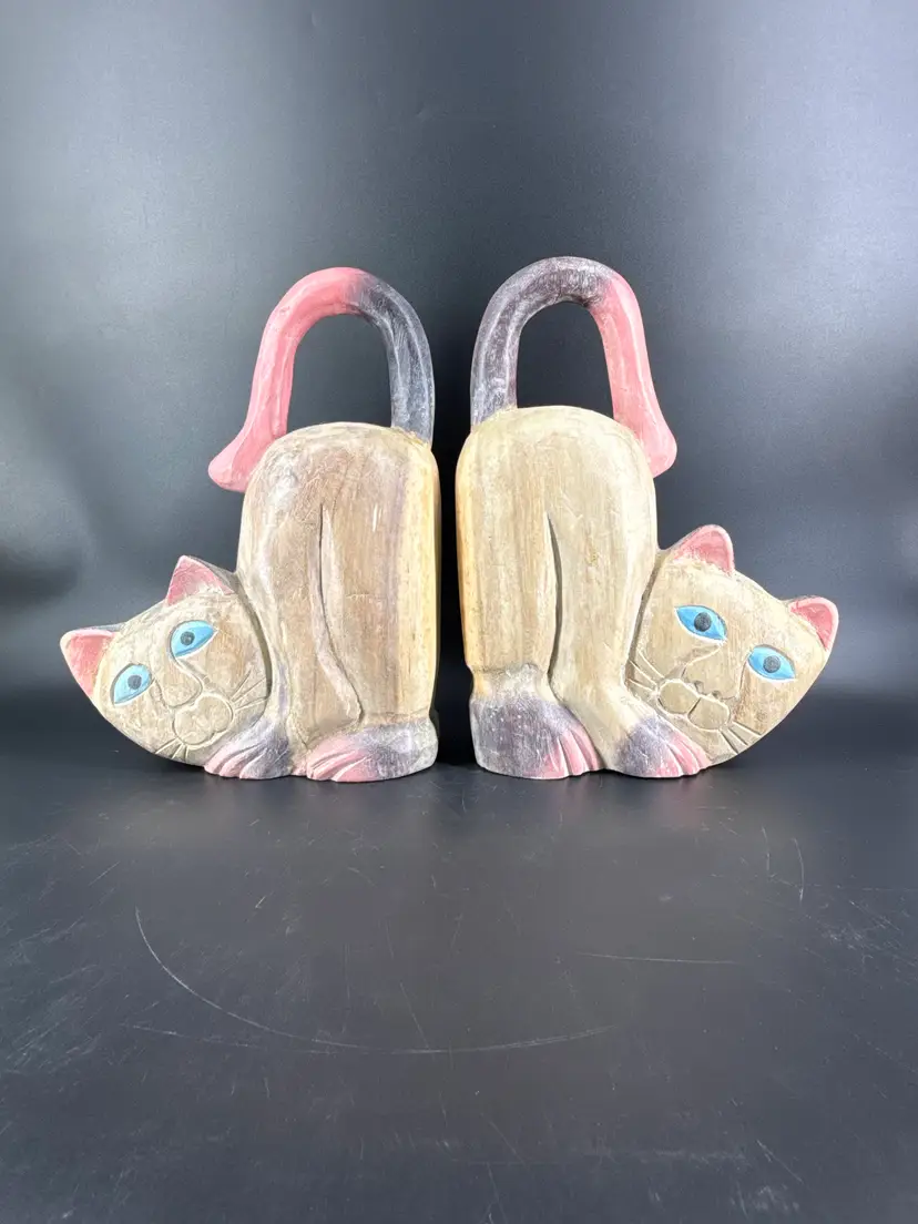 Pair Hand Carved Wooden 12" Tall Cat Bookends Figurines Sculptures Hand Painted
