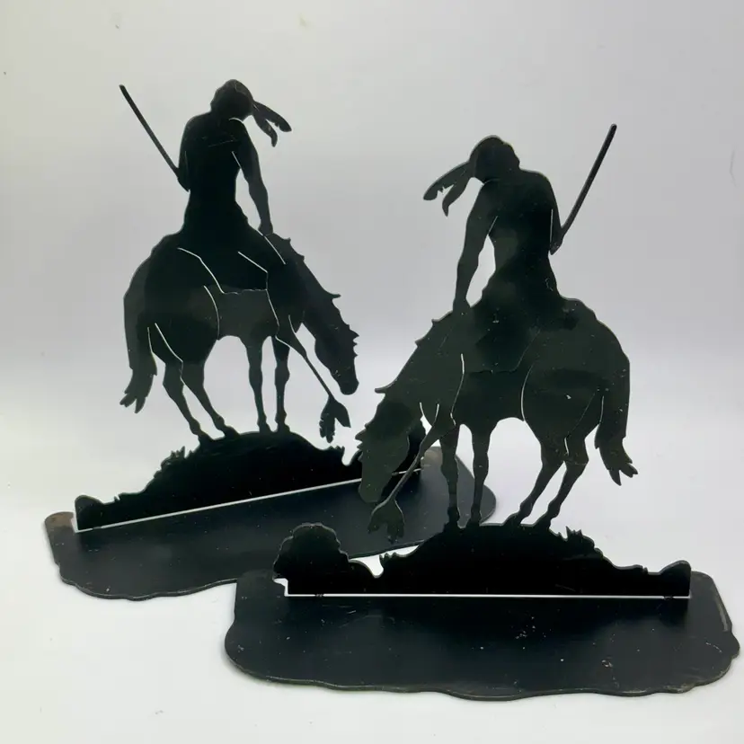 Native American On Horseback Western Indigenous Black Metal Bookends 6”