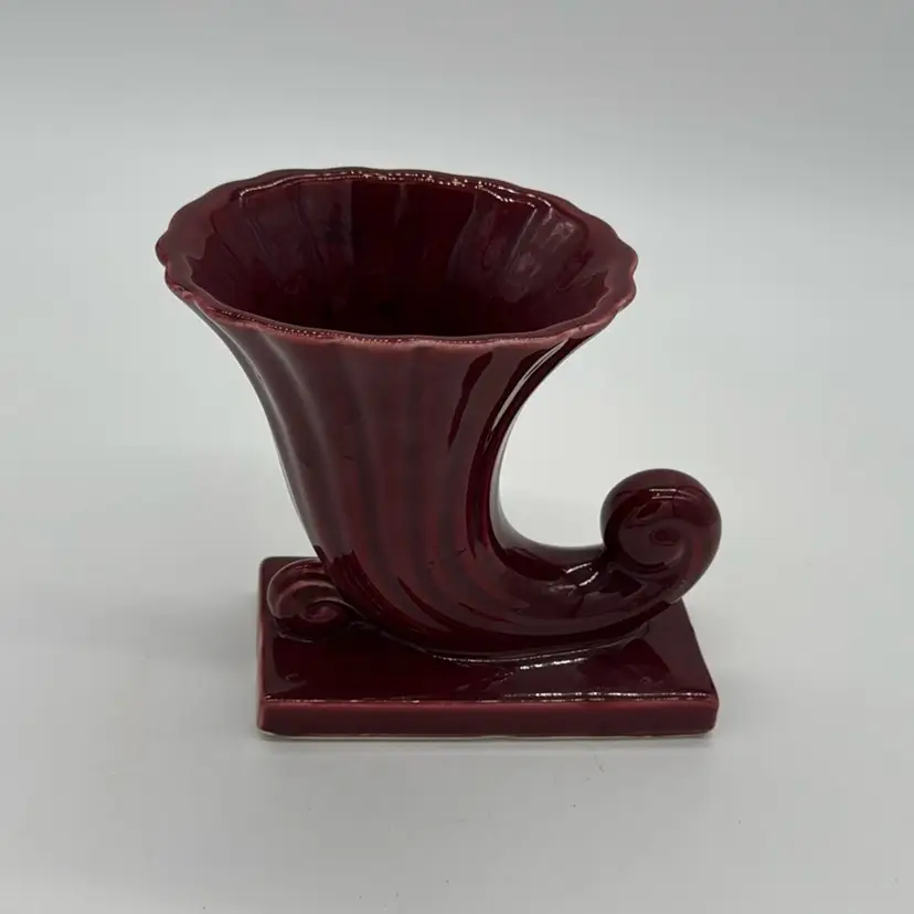 Cornucopia - Vintage Maroon Marked USA Shawnee or McCoy Pottery 6” x 6 1/2”
