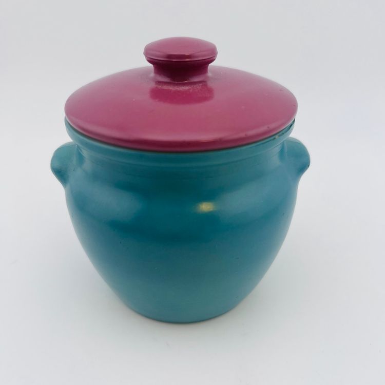 Vintage Blue And Purple Fired On Color Milk Glass Cheese Crock Marked Duchess Cheese New York 3.25” FF